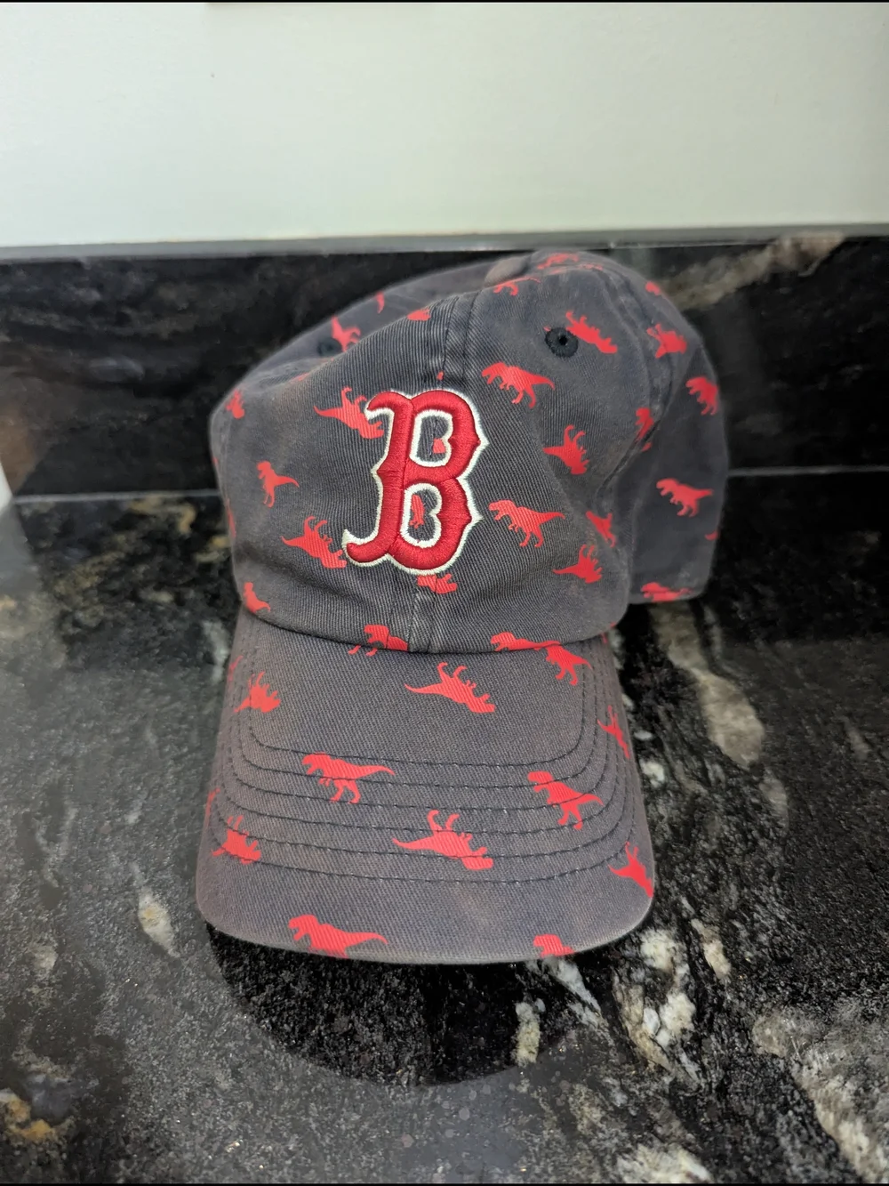 Baseball Cap with Red 'B' Boston Logo and Dino Print